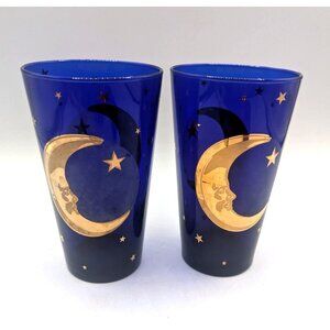 Vintage Culver Blue Glasses With Gold Moon & Stars Design - Set Of 2 Made In USA